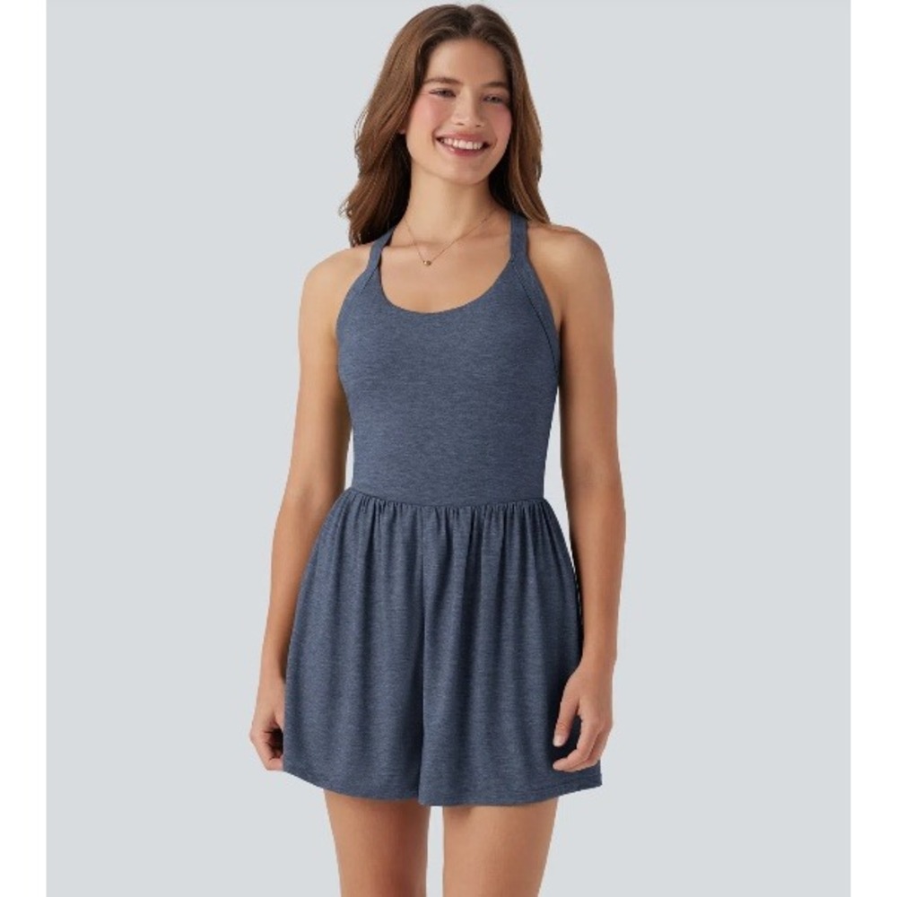 Halara Easy Peezy Blue Open Back Flowy Romper Dress Built In Shorts